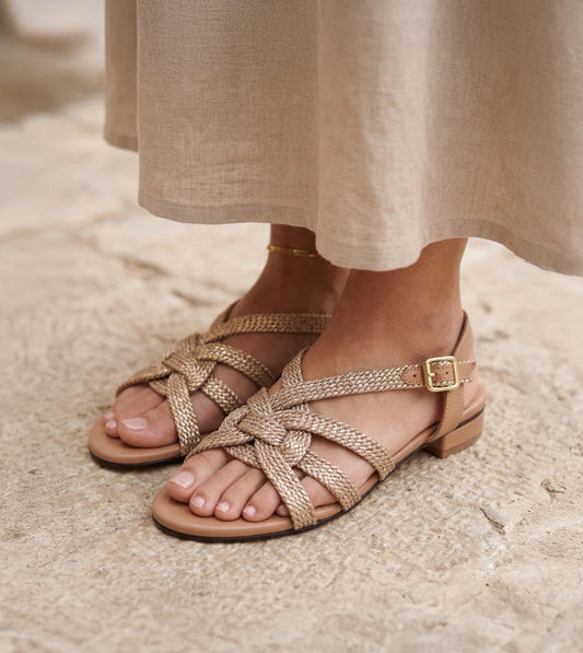 Entwined Woven Strap Flats Sandal - Beige