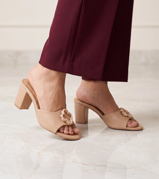 Floral Adornment Block Heeled Sandals - Beige