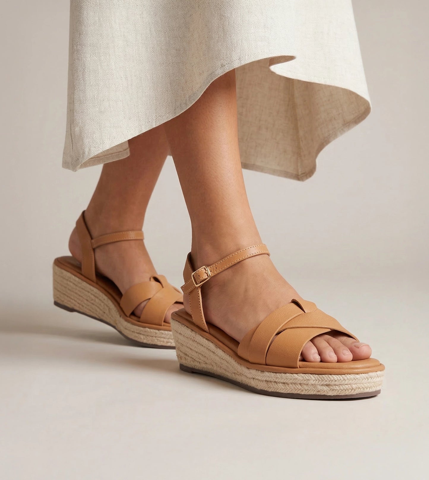 Double-Band Slide Wedges Ankle Strap - Dark Beige