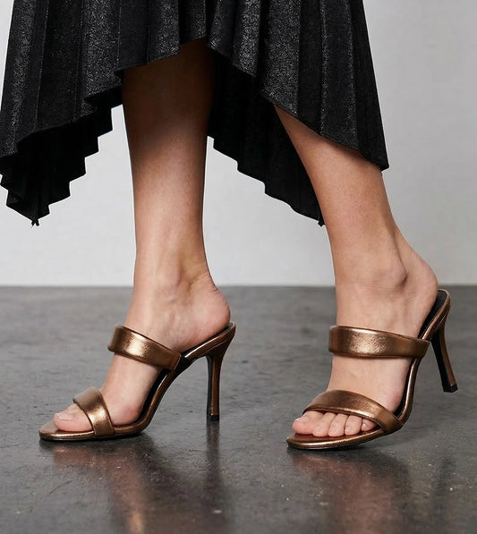 Two Strap Stiletto-Heel Sandals - Antique Gold