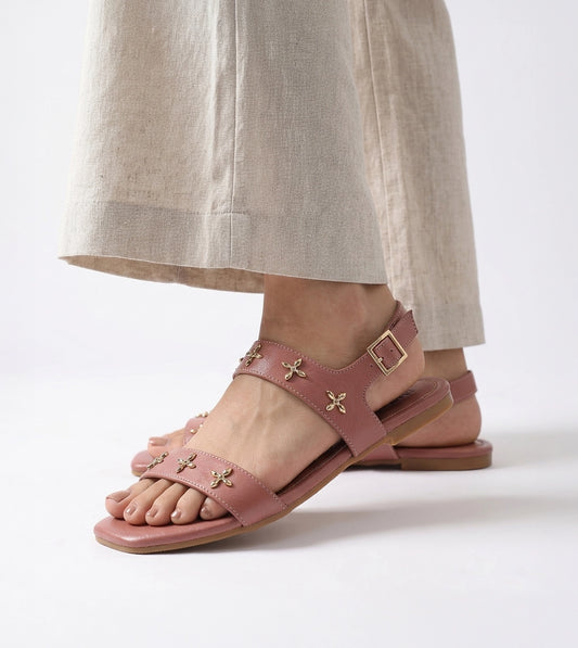 Double Strap Sandals With Metal Adornment - Peach