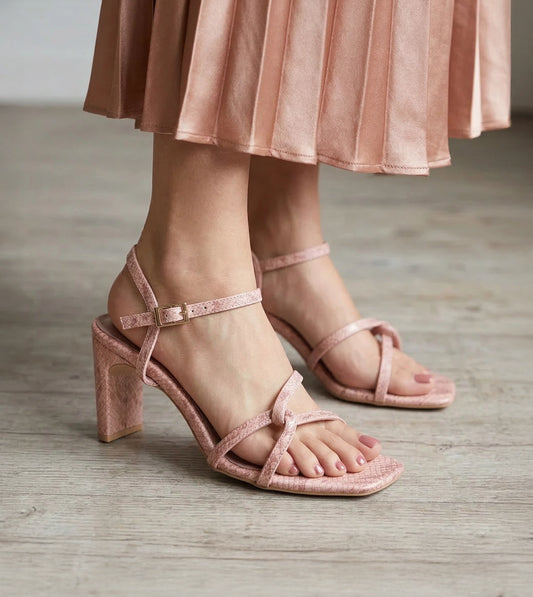 Snake Print Strappy Heeled Sandals - Blush Pink