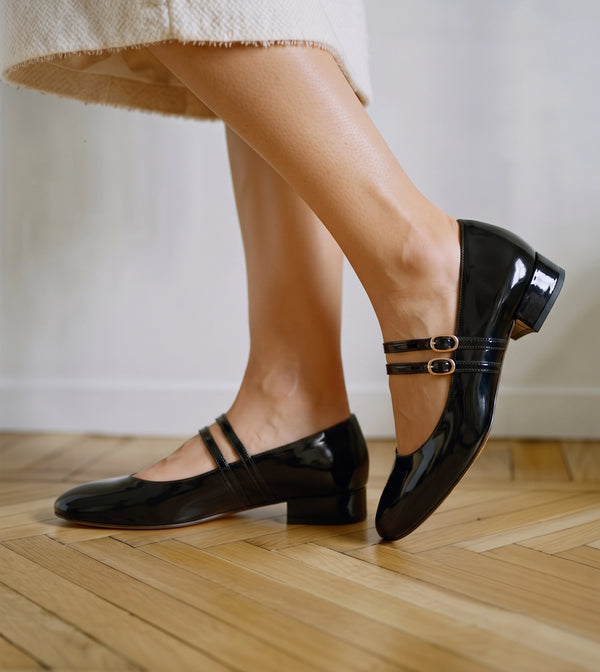 Double-Strap Mary Jane Heels - Black