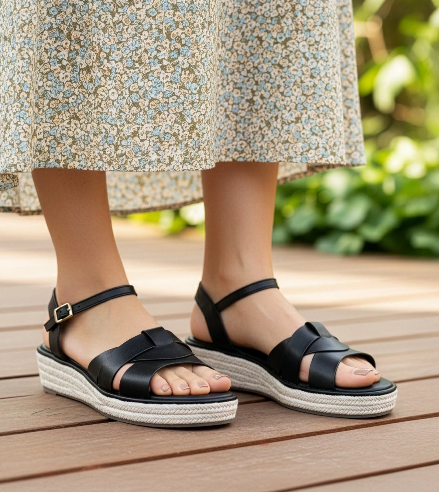 Double-Band Slide Wedges Ankle Strap - Black