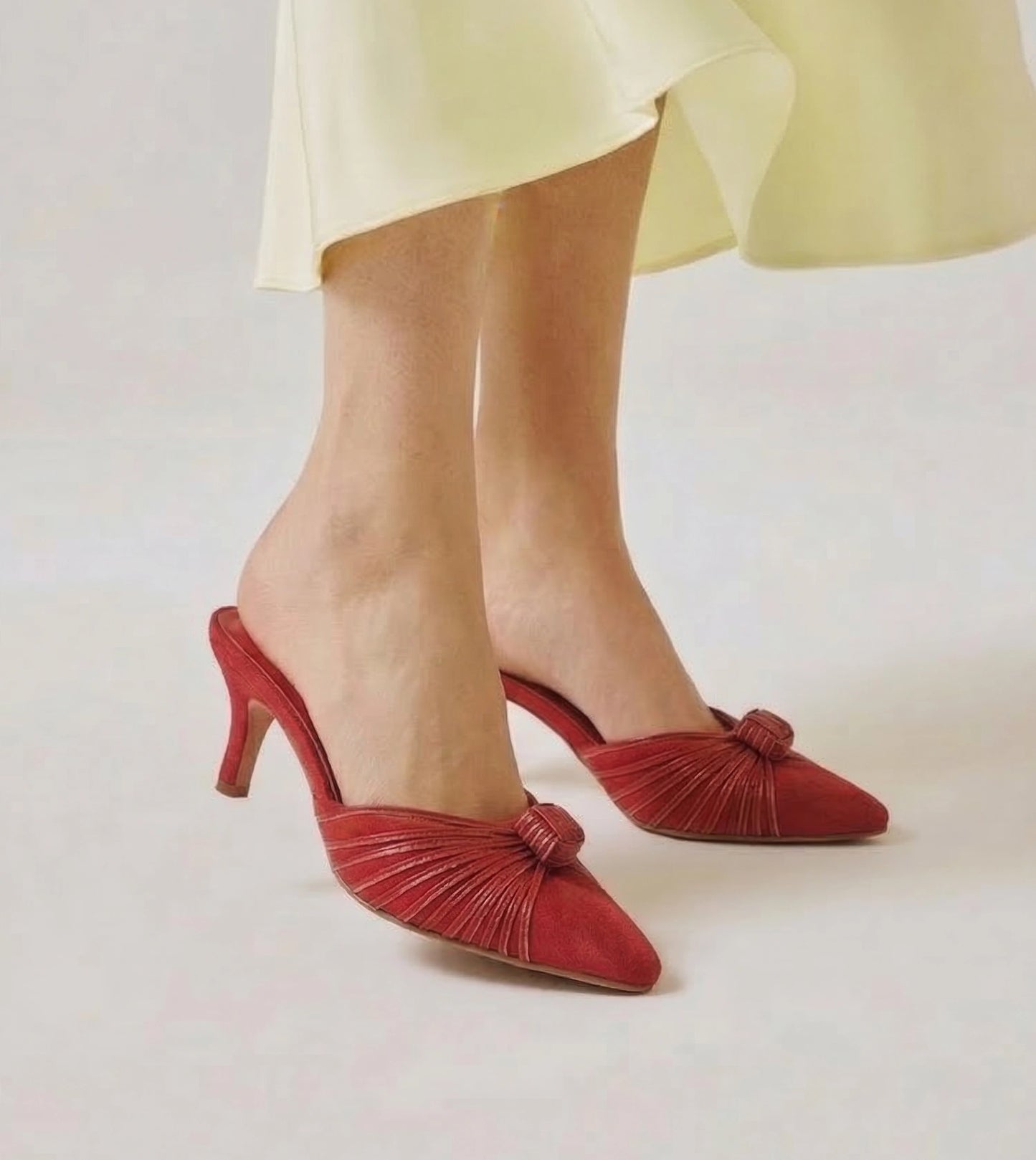 Knotted Pointed Toe Suede Heels - Red