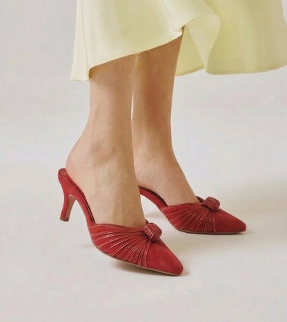 Knotted Pointed Toe Suede Heels - Red