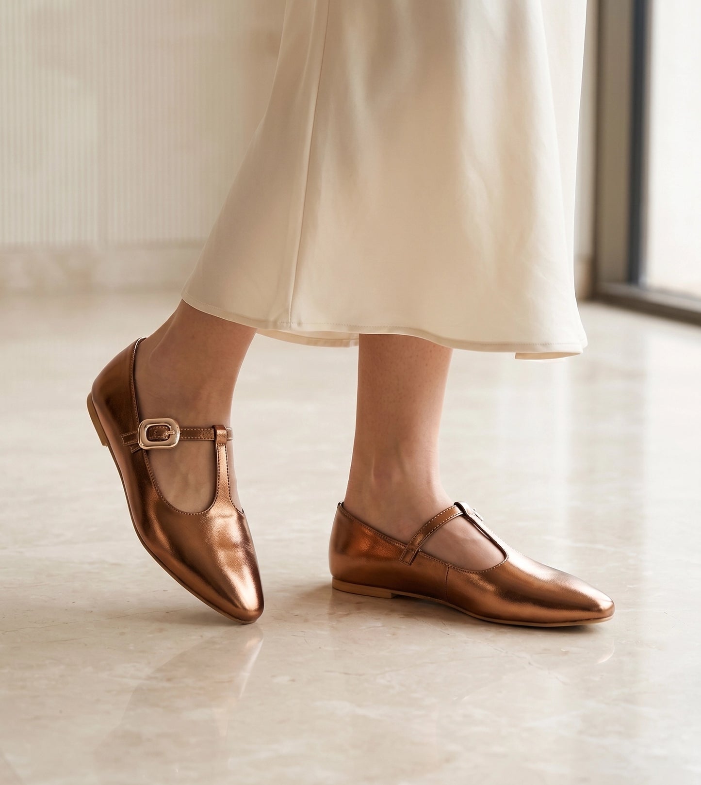T-Strap Metallic Mary Janes Flats - Antiq
