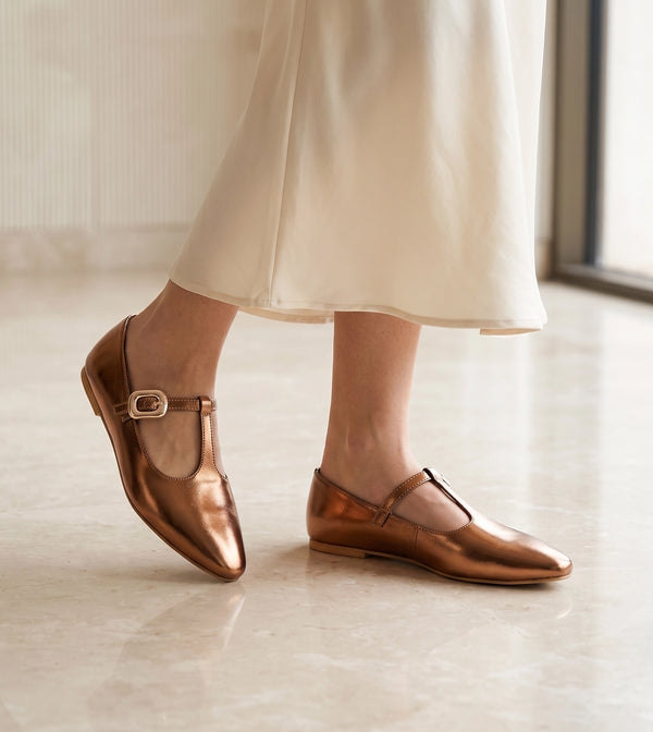 T-Strap Metallic Mary Janes Flats - Antiq