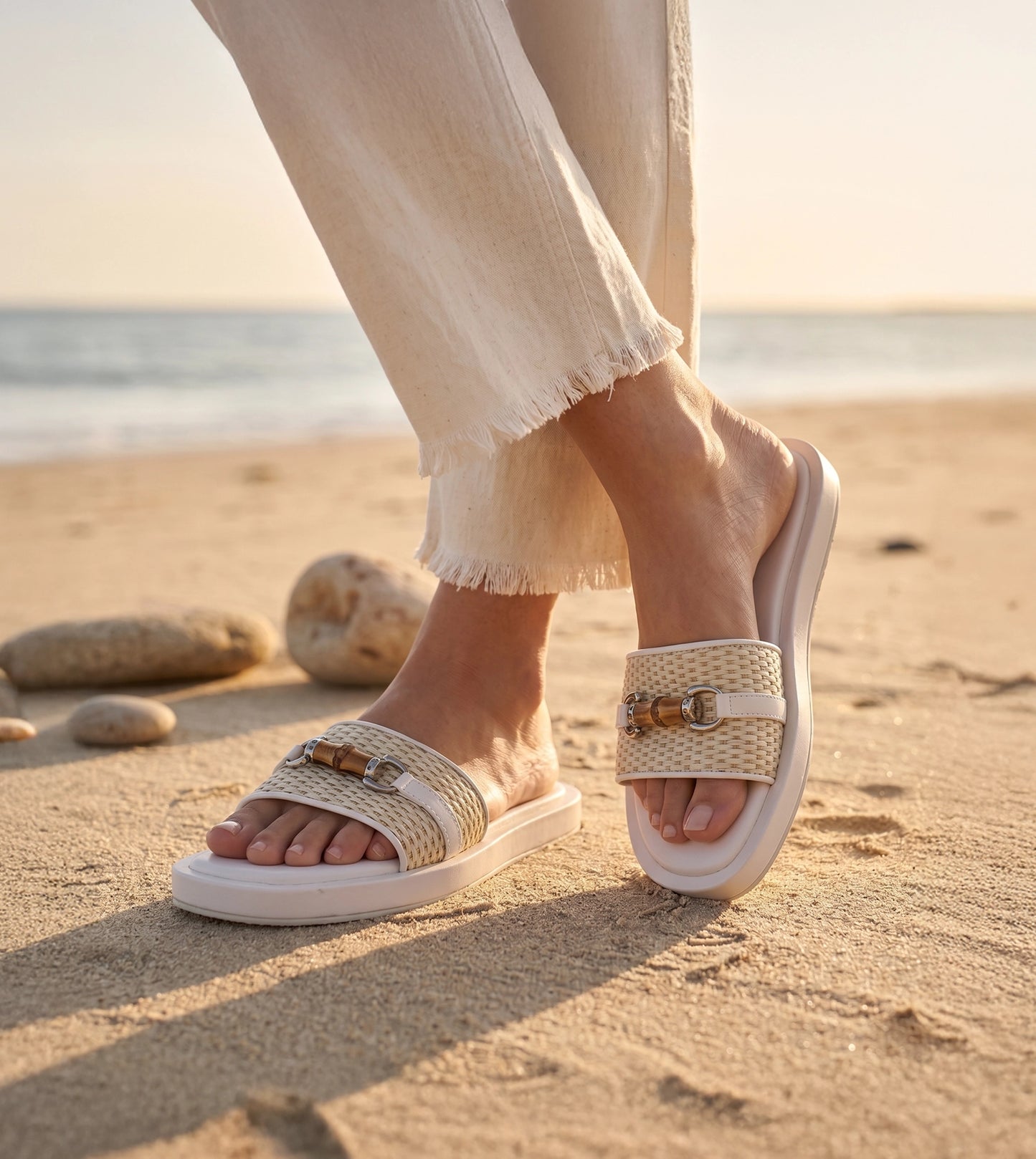 Raffia Slide Flat Sandals With Bamboo Adornment - White