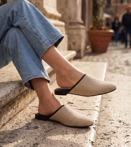 Textured Jute Almond-Toe Mules Flats - Beige