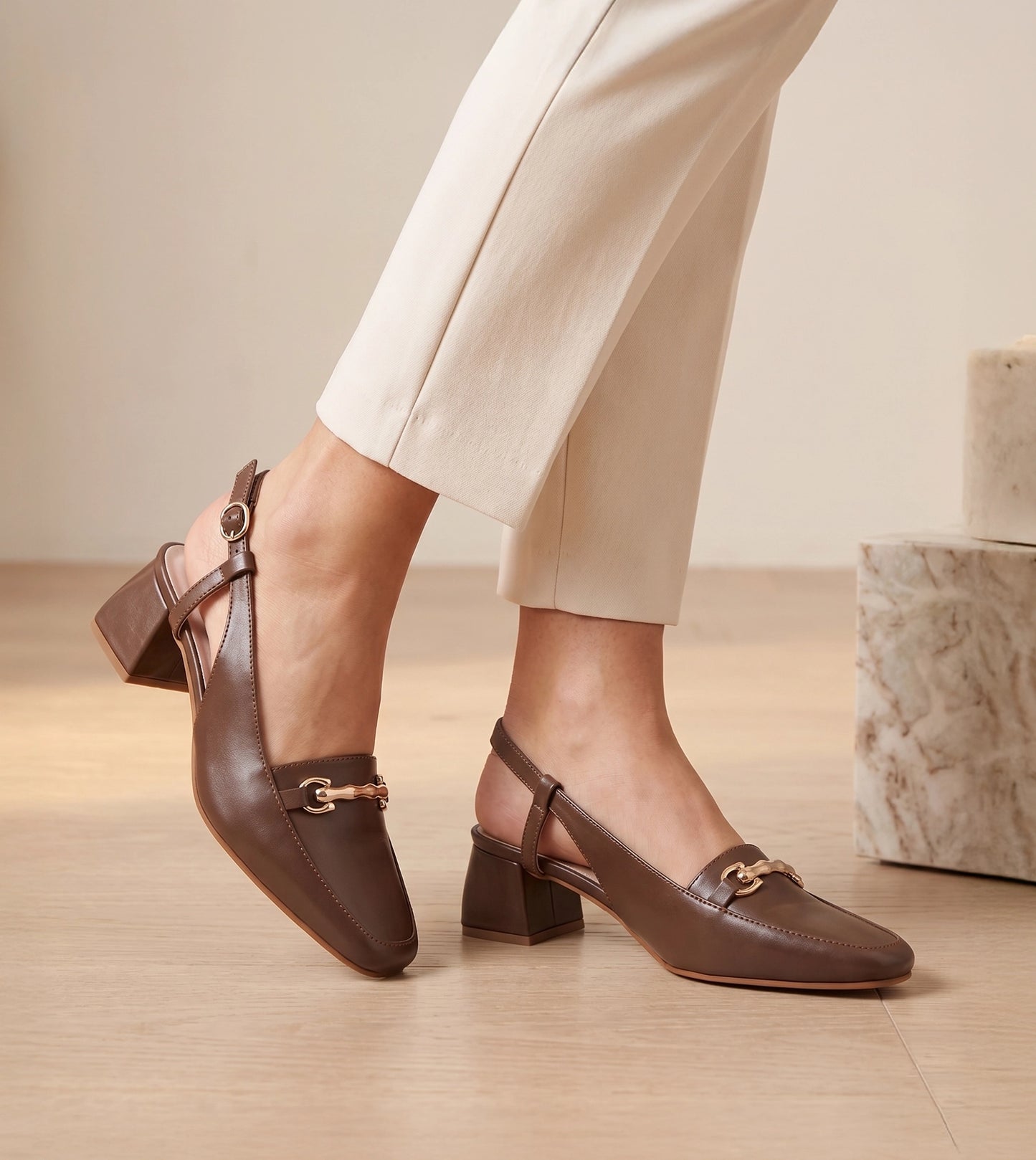 Classic Detail Slingback Heels - Brown