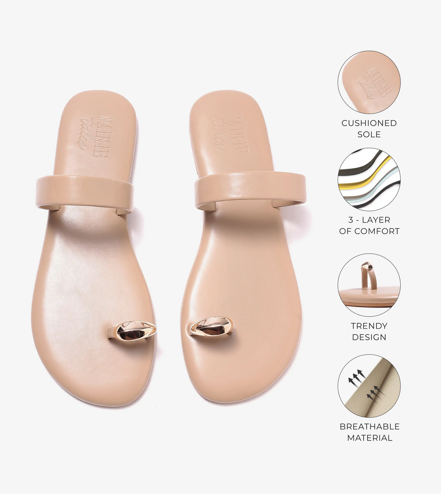 Patent Flat Sandals With Metallic Embellishment - Beige