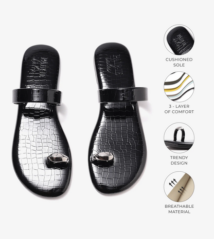 Patent Flat Sandals With Metallic Embellishment - Black