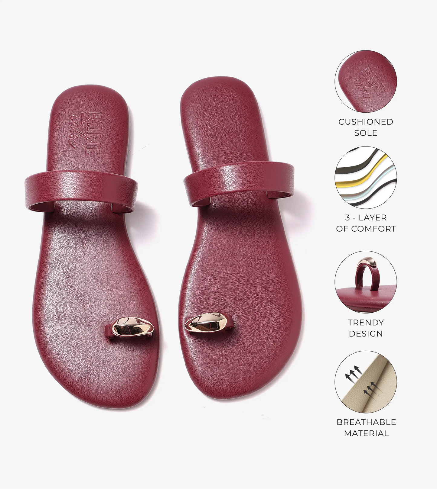 Patent Flat Sandals With Metallic Embellishment - Maroon