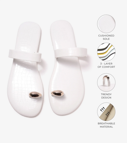 Patent Flat Sandals With Metallic Embellishment - White