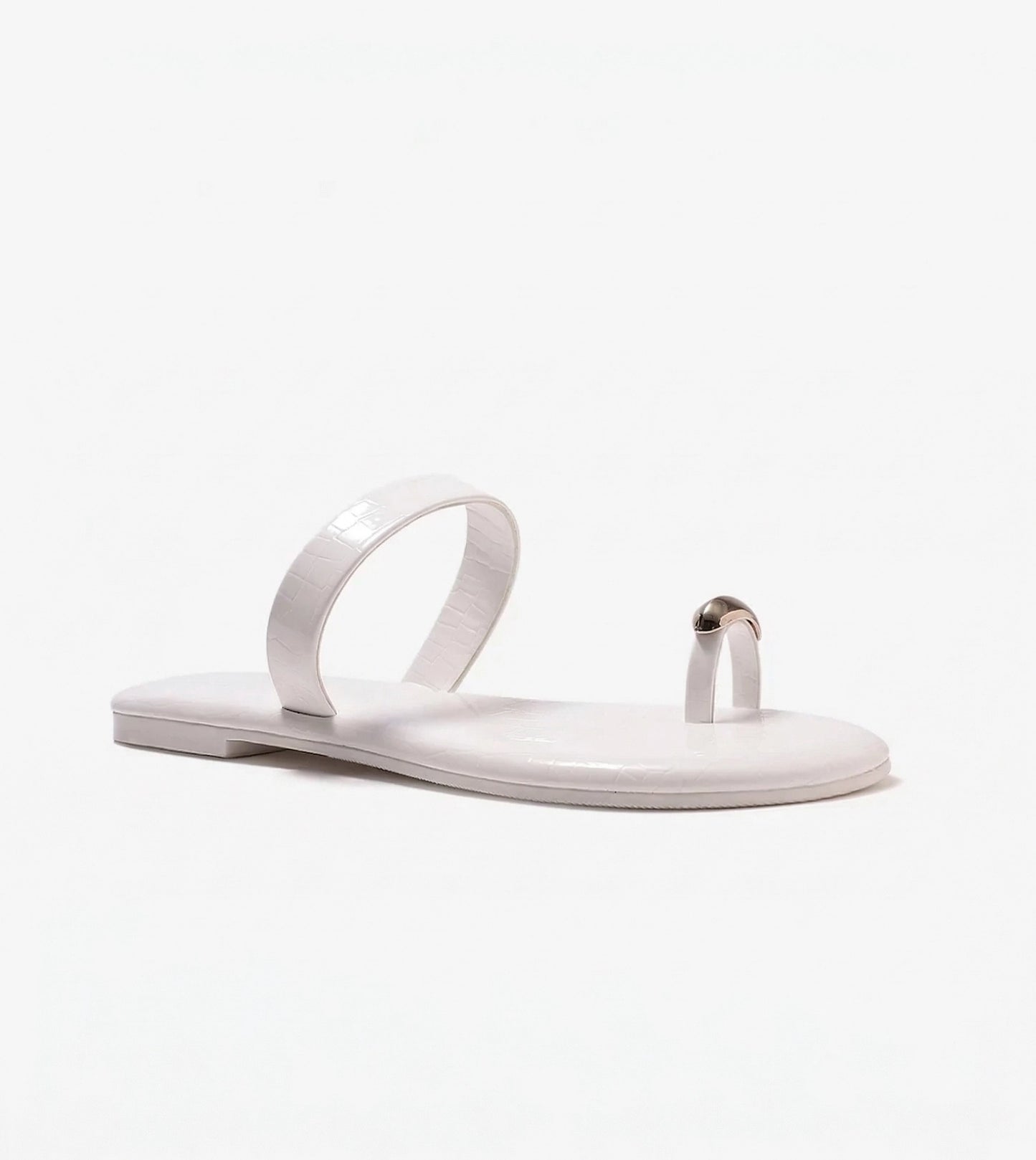 Patent Flat Sandals With Metallic Embellishment - White