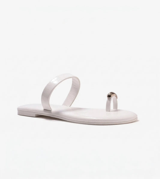 Patent Flat Sandals With Metallic Embellishment - White