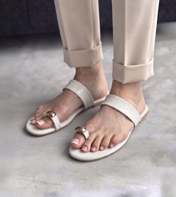 Patent Flat Sandals With Metallic Embellishment - White