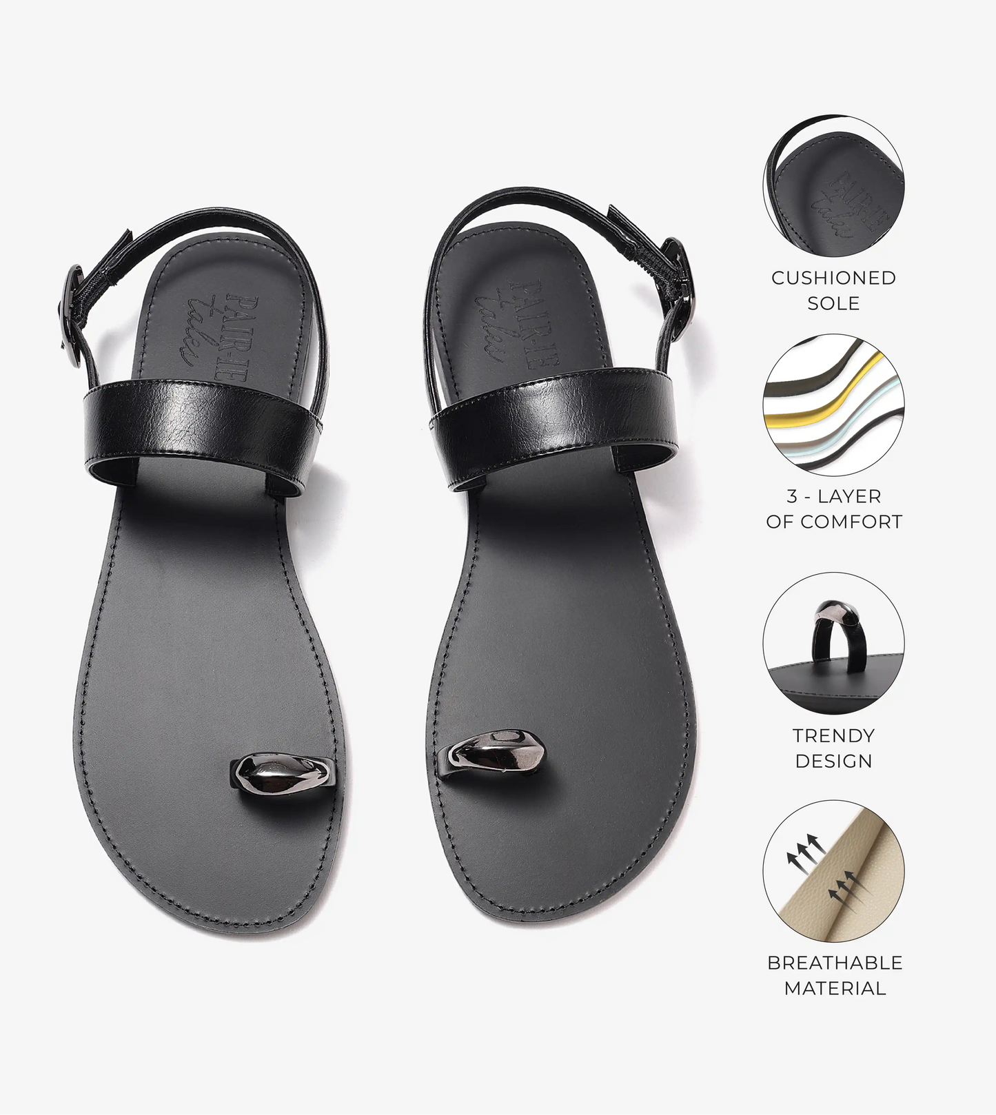 Metallic Accent Toe Ring Flat Sandals - Black