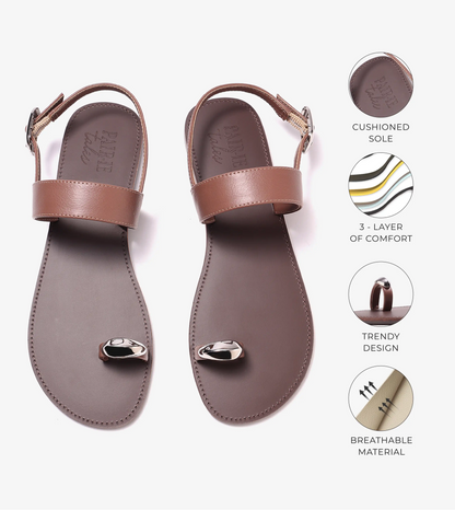 Metallic Accent Toe Ring Flat Sandals - Brown