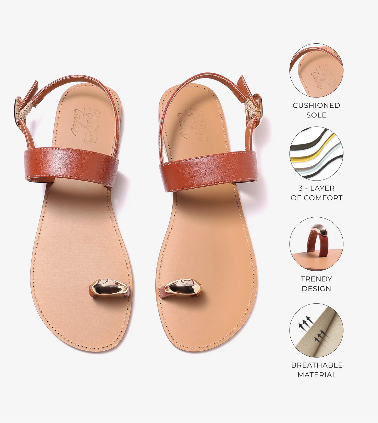 Metallic Accent Toe Ring Flat Sandals - Tan