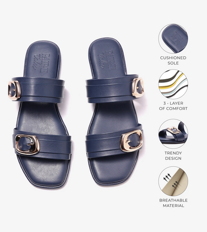 Double Strap Buckled Flat Sandals - Navy Blue