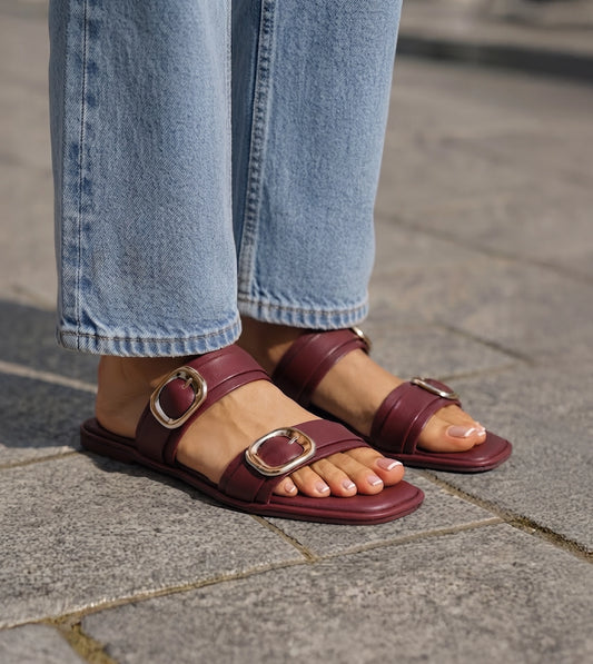 Double Strap Buckled Flat Sandals - Maroon