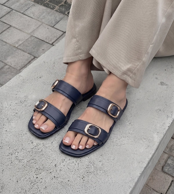 Double Strap Buckled Flat Sandals - Navy Blue