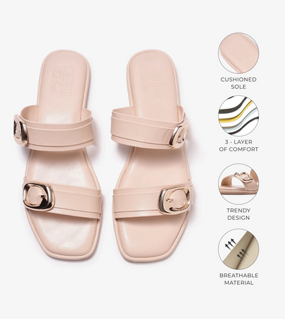 Double Strap Buckled Flat Sandals - Peach