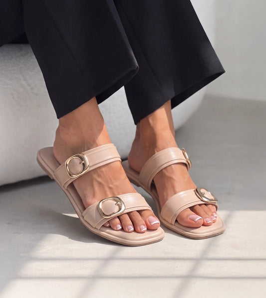 Double Strap Buckled Flat Sandals - Peach