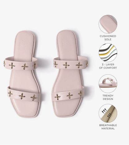 Double Strap Embellished Flat Sandals - Beige