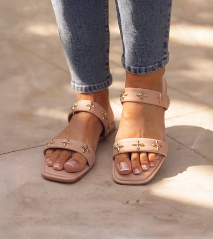 Double Strap Embellished Flat Sandals - Beige