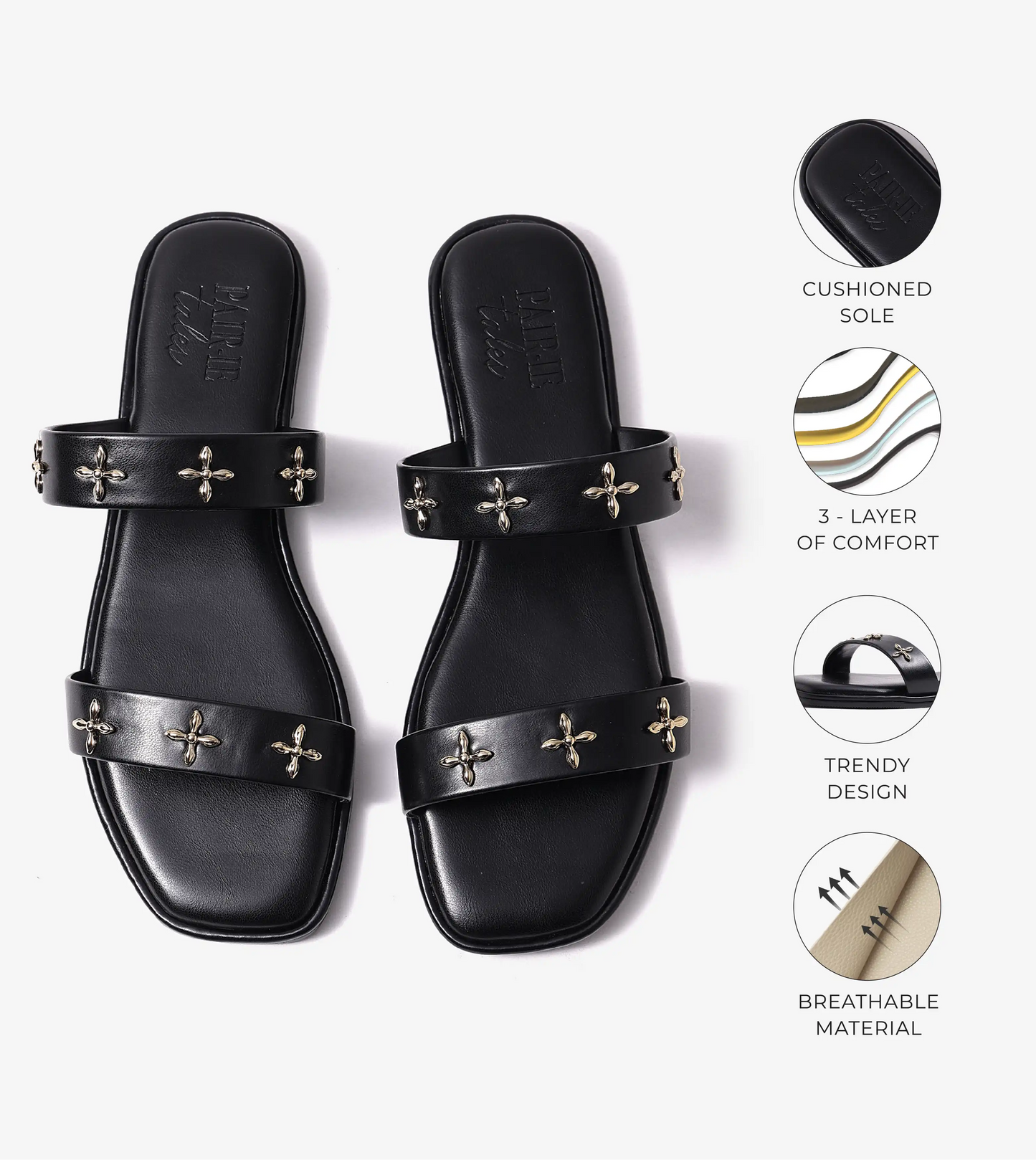Double Strap Embellished Flat Sandals - Black
