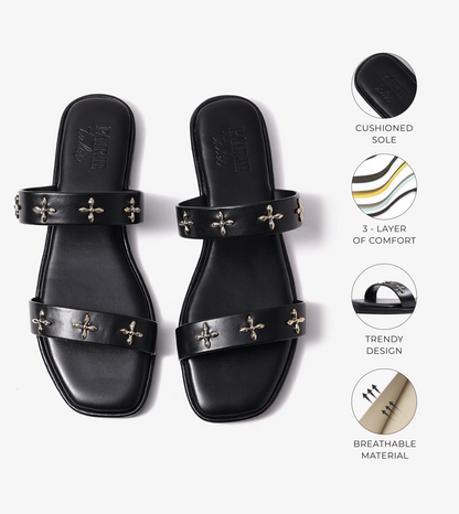 Double Strap Embellished Flat Sandals - Black