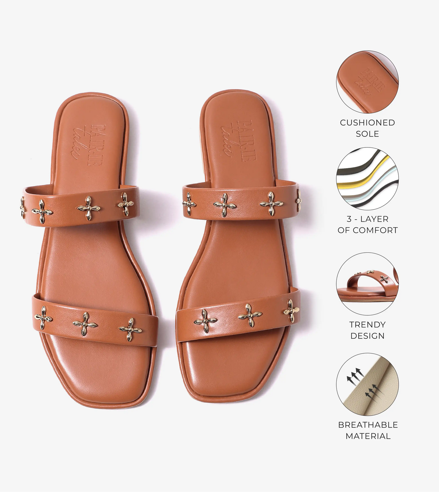 Double Strap Embellished Flat Sandals - Tan