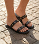 Double Strap Embellished Flat Sandals - Black