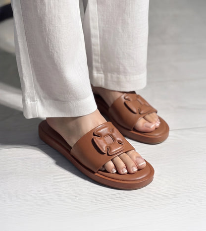 Flower Cutout Slide Sandals - Tan