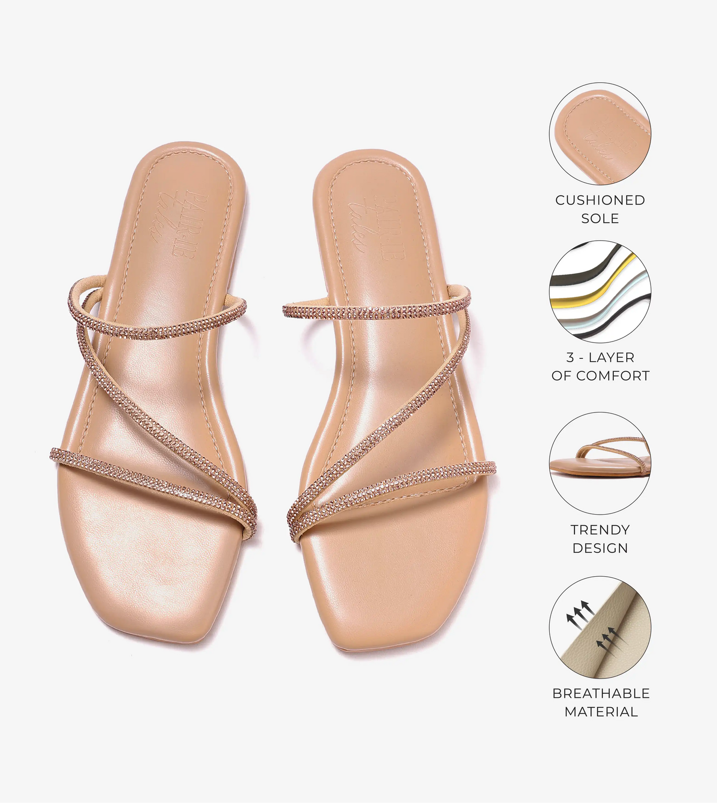 Satin Crystal - Embellished Strappy Sandals - Beige