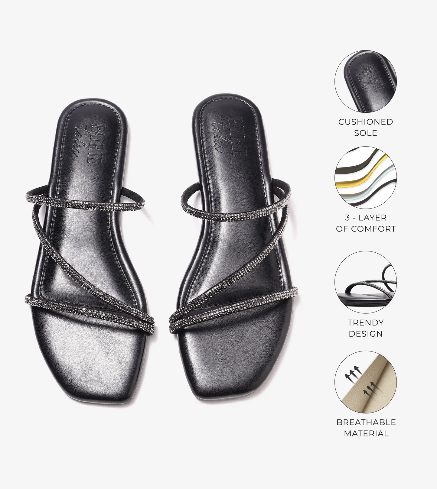 Satin Crystal - Embellished Strappy Sandals - Black