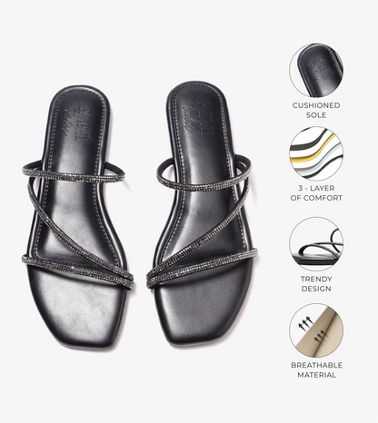 Satin Crystal - Embellished Strappy Sandals - Black