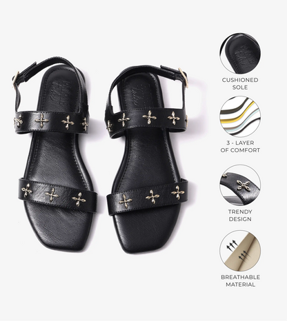 Double Strap Sandals With Metal Adornment - Black
