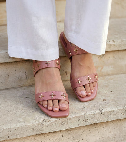 Double Strap Sandals With Metal Adornment - Peach
