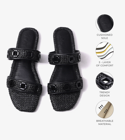 Double Strap Slide Sandals With Metal Adornment - Black