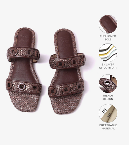 Double Strap Slide Sandals With Metal Adornment - Brown