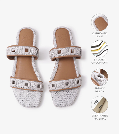 Double Strap Slide Sandals With Metal Adornment - White
