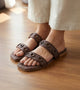 Double Strap Slide Sandals With Metal Adornment - Brown