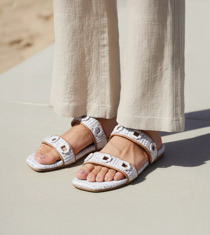 Double Strap Slide Sandals With Metal Adornment - White
