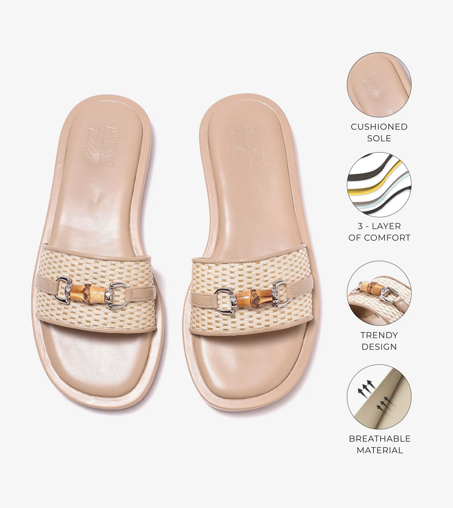 Raffia Slide Flat Sandals With Bamboo Adornment - Beige