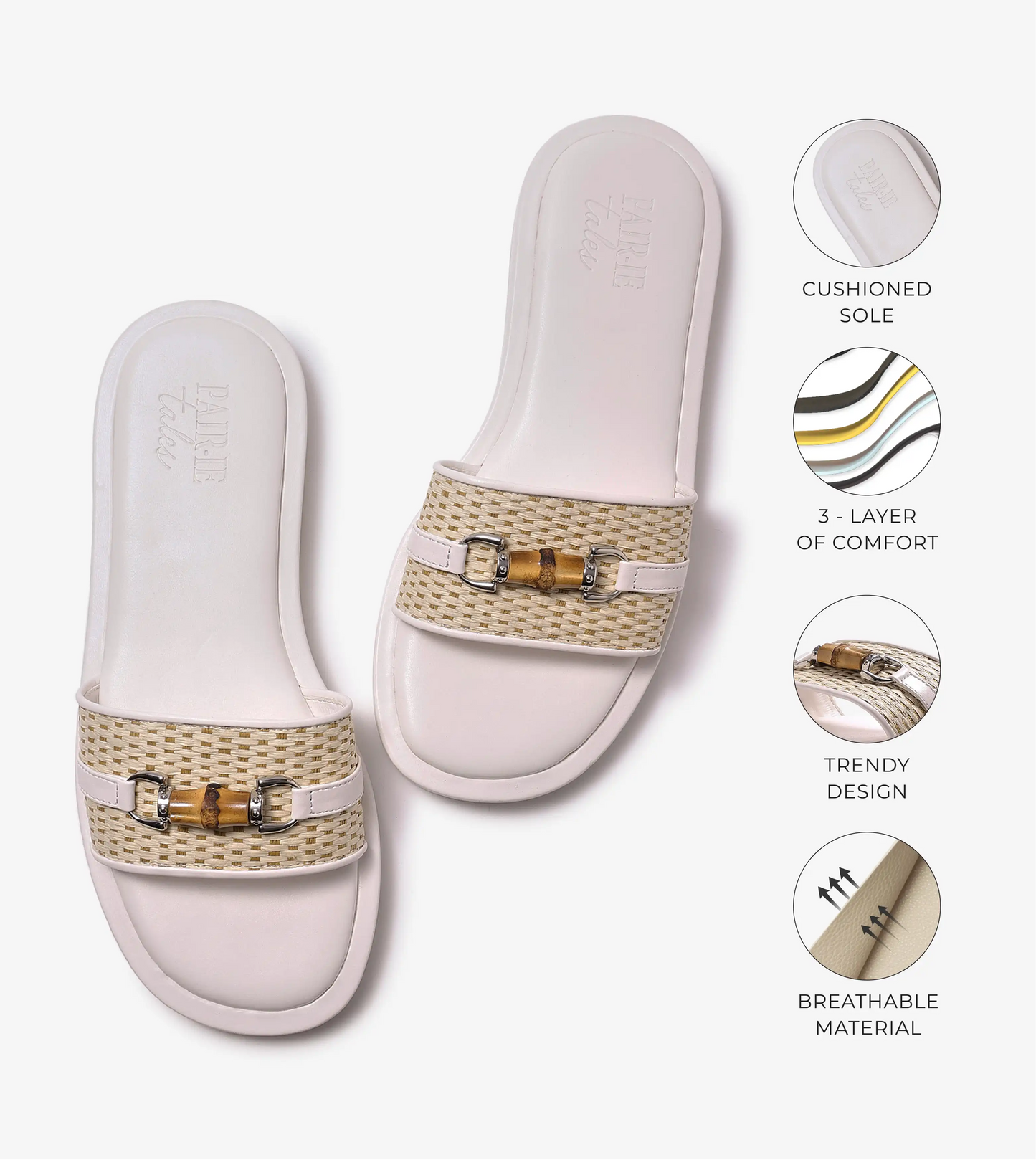 Raffia Slide Flat Sandals With Bamboo Adornment - White