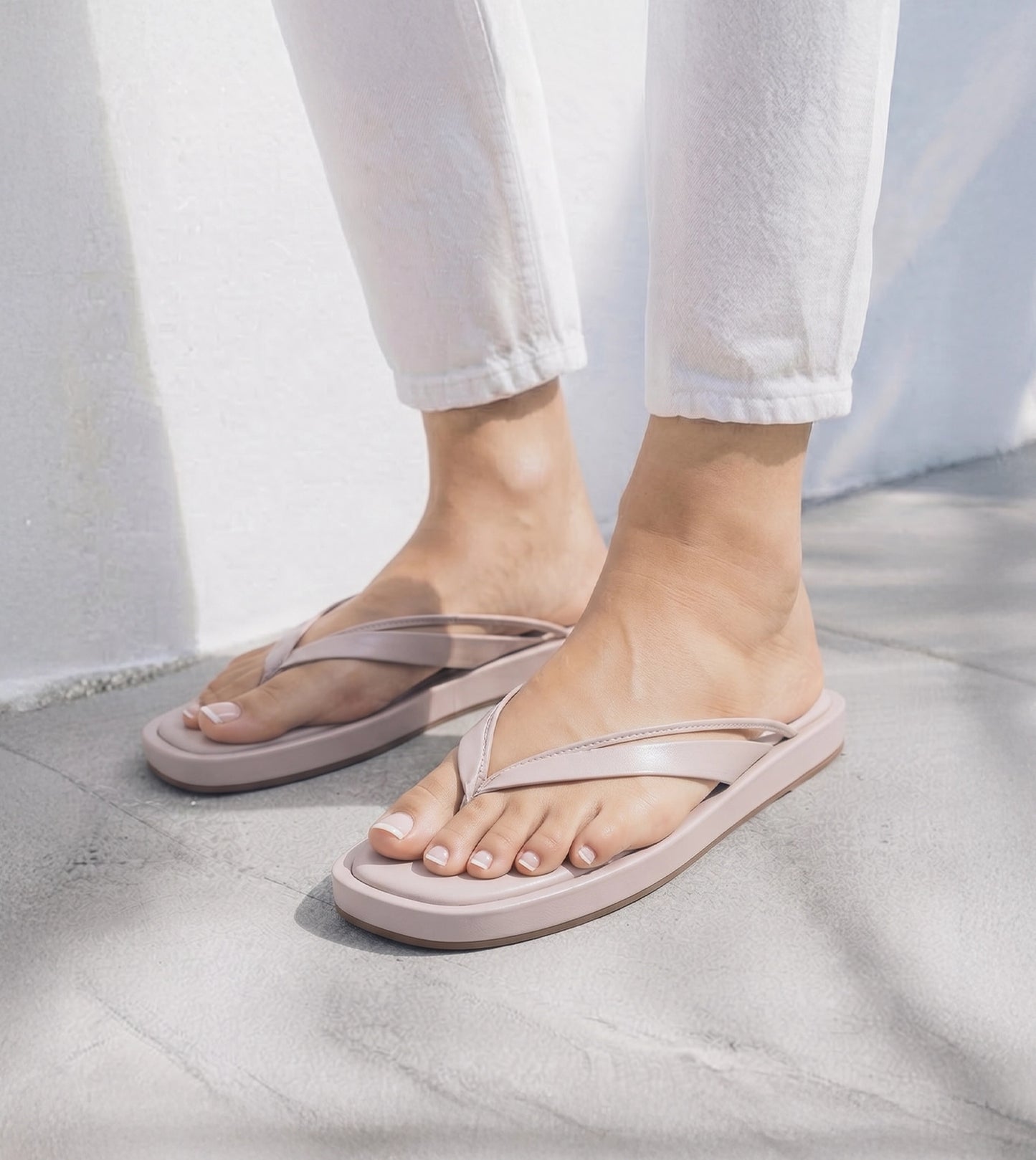 V-Strap Slide Flat Sandals - Cream
